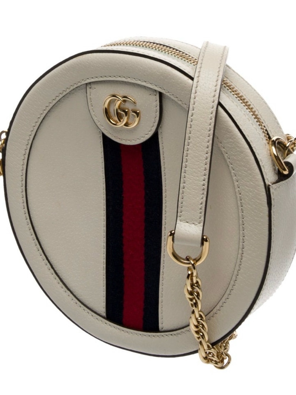 Gucci Ophidia White Leather Round Crossbody Bag with Web Stripe
